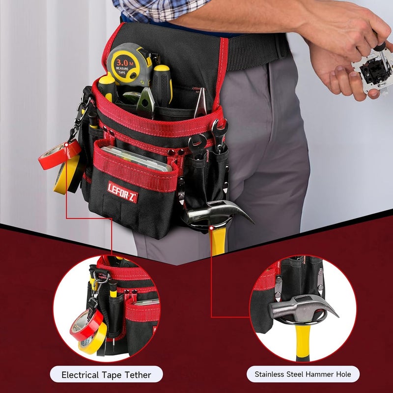 LEFORZ Tool Belt,Magnetic Tool Pouch,14-Pockets Tool Belts for Men,Detachable & Adjustable Tool Pouch Belt for Electrician,Carpenter,Construction,Work Apron,Utility Belt,Black-Red - Image 4